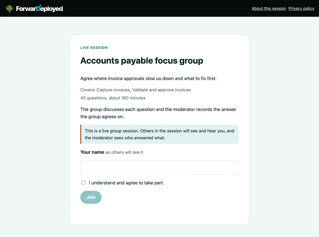 The join screen for a live focus group: its purpose, questions and minutes, a plain notice that it is not anonymous, a name field and a Join button.