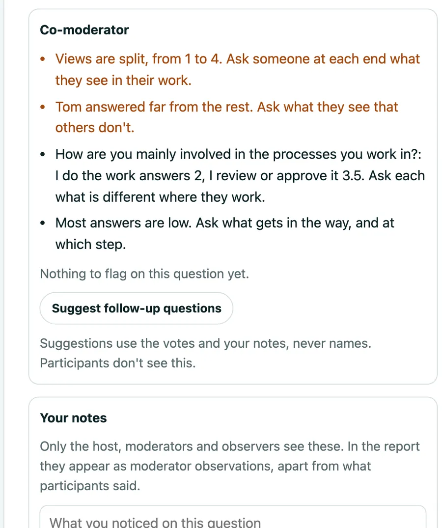 The AI co-moderator's prompts for the host, a button to suggest follow-up questions, and a private notes box.